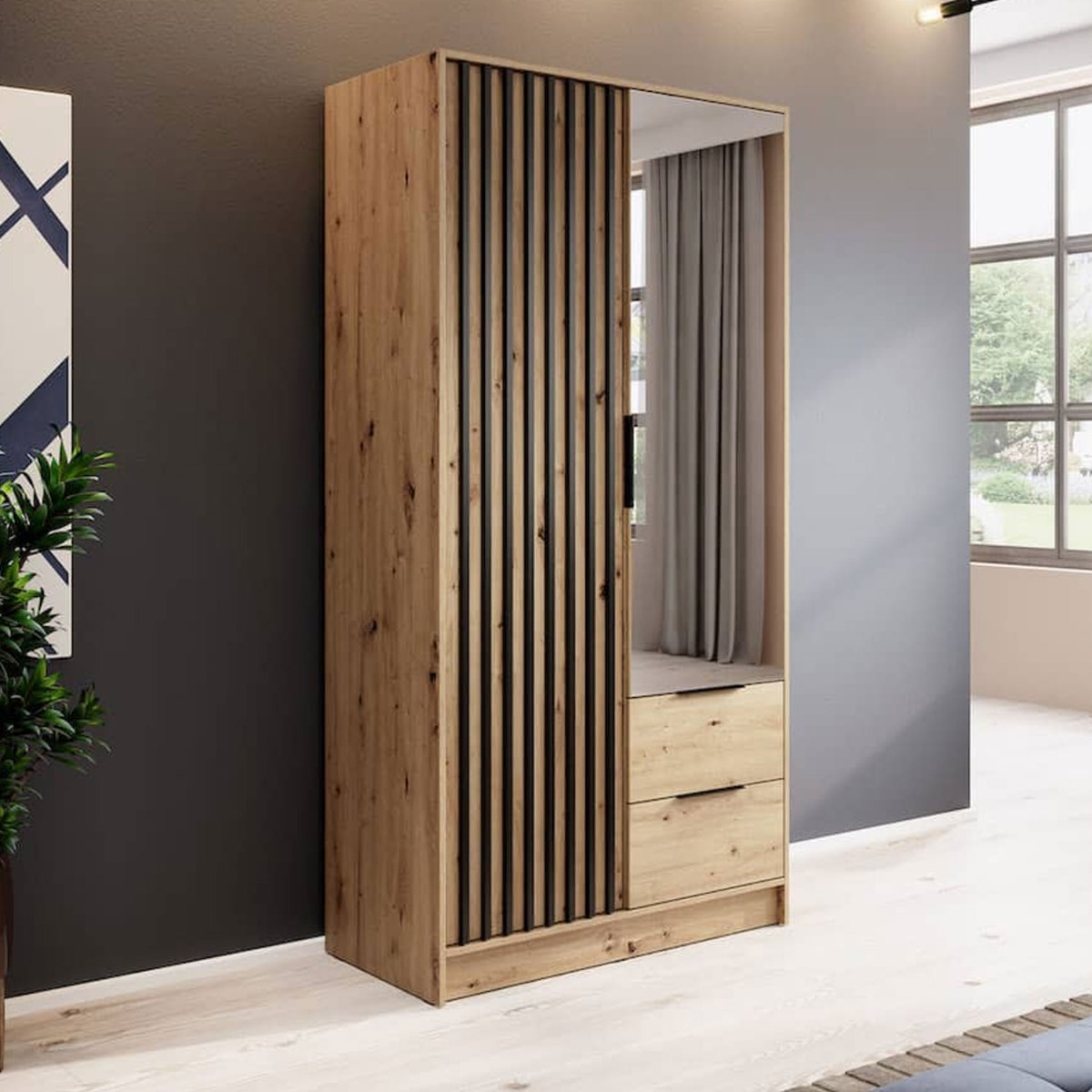 Wardrobe - ORION 2 Door Mirrored Wardrobe Oak Artisan 105cm - Art Nest
