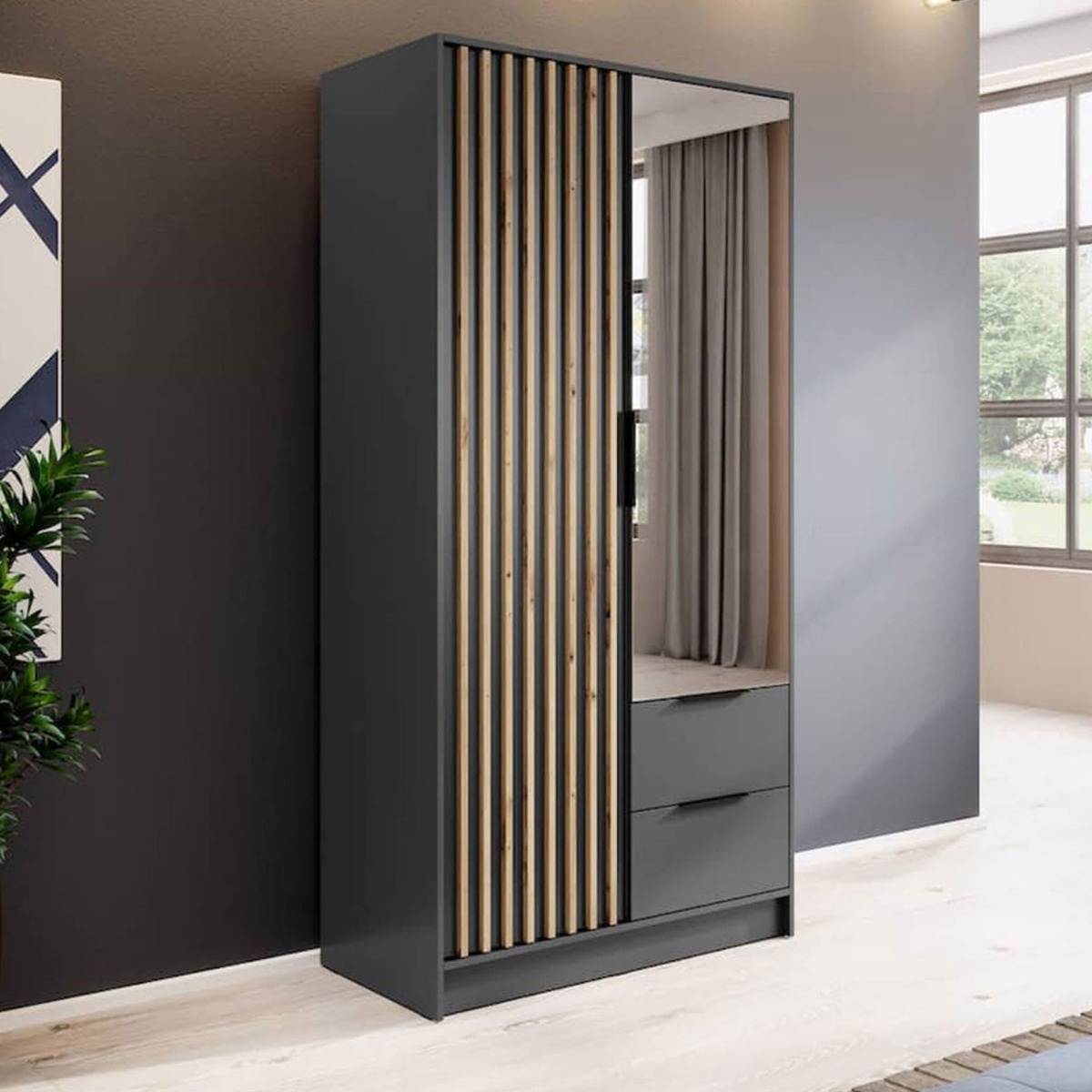 Wardrobe - ORION 2 Door Mirrored Wardrobe Graphite 105cm - Art Nest