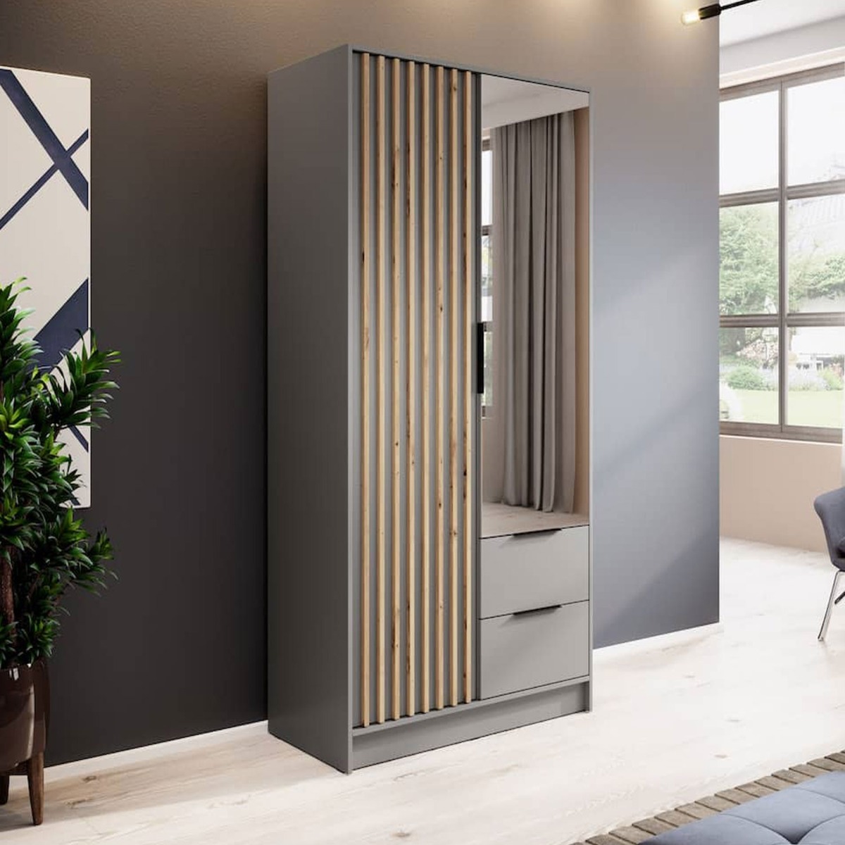 Wardrobe - ORION 2 Door Mirrored Wardrobe Grey 105cm - Art Nest