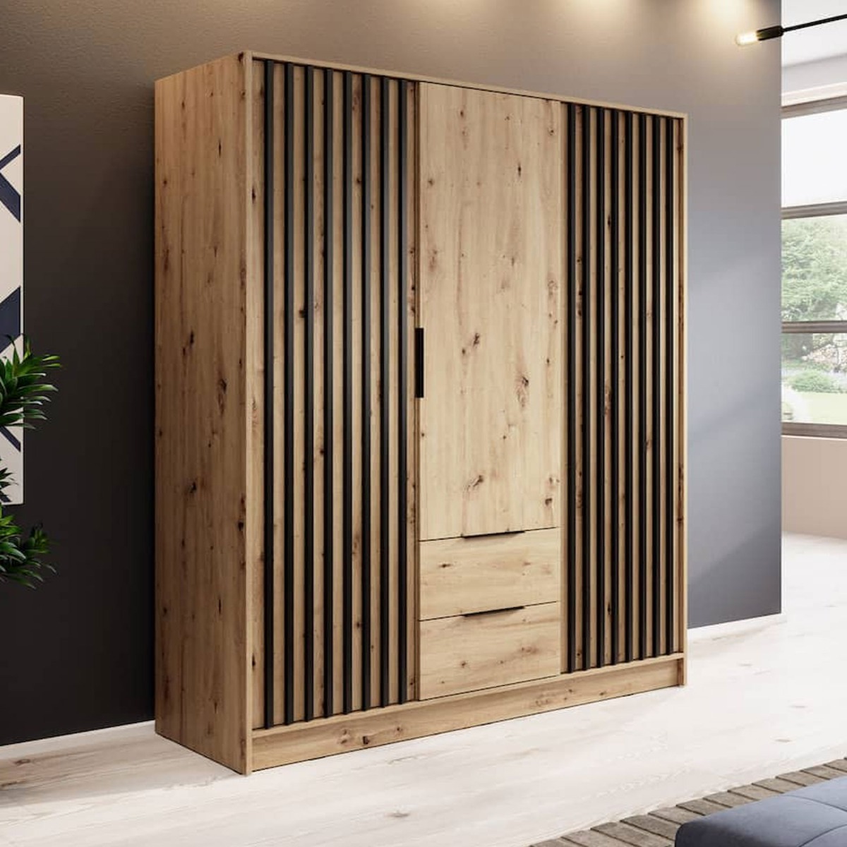 Wardrobe - ORION 3 Door 2 Drawer Wardrobe Oak 155cm - Art Nest