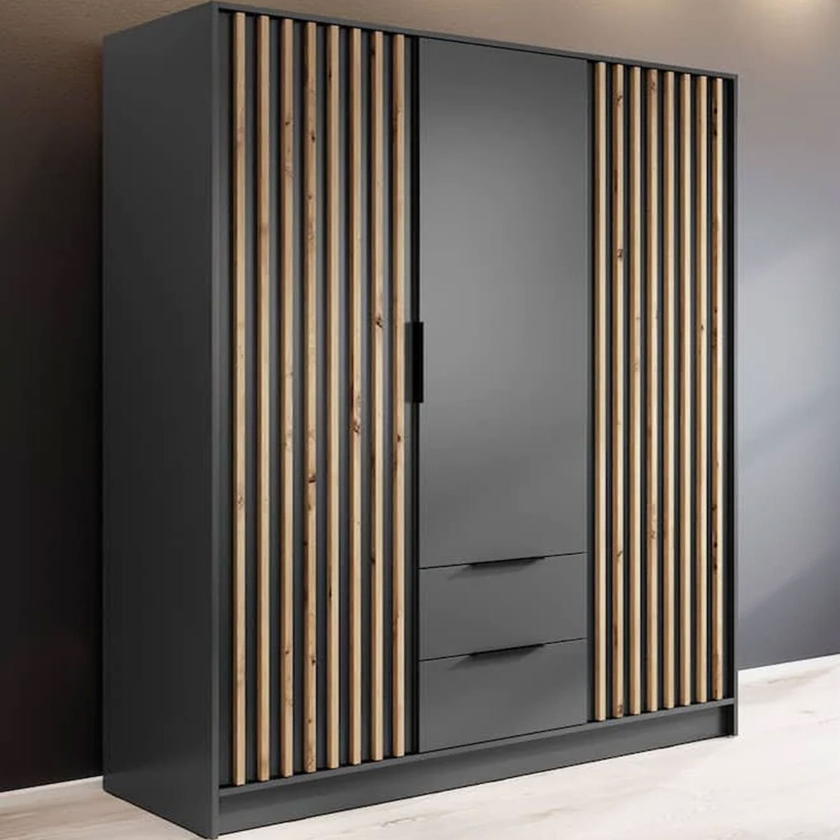 Wardrobe - ORION 3 Door 2 Drawer Wardrobe Graphite 155cm - Art Nest