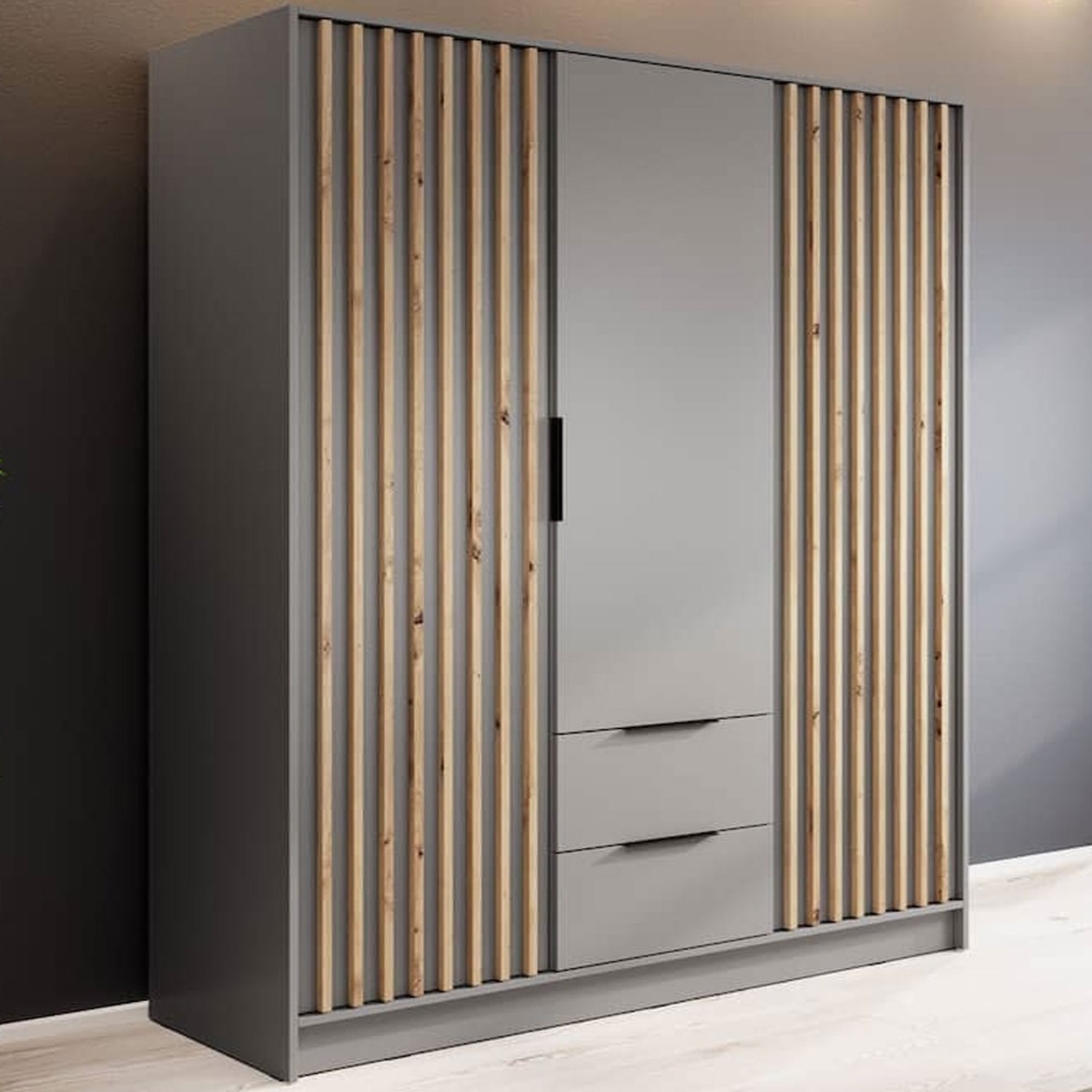 Wardrobe - ORION 3 Door 2 Drawer Wardrobe Grey 155cm - Art Nest