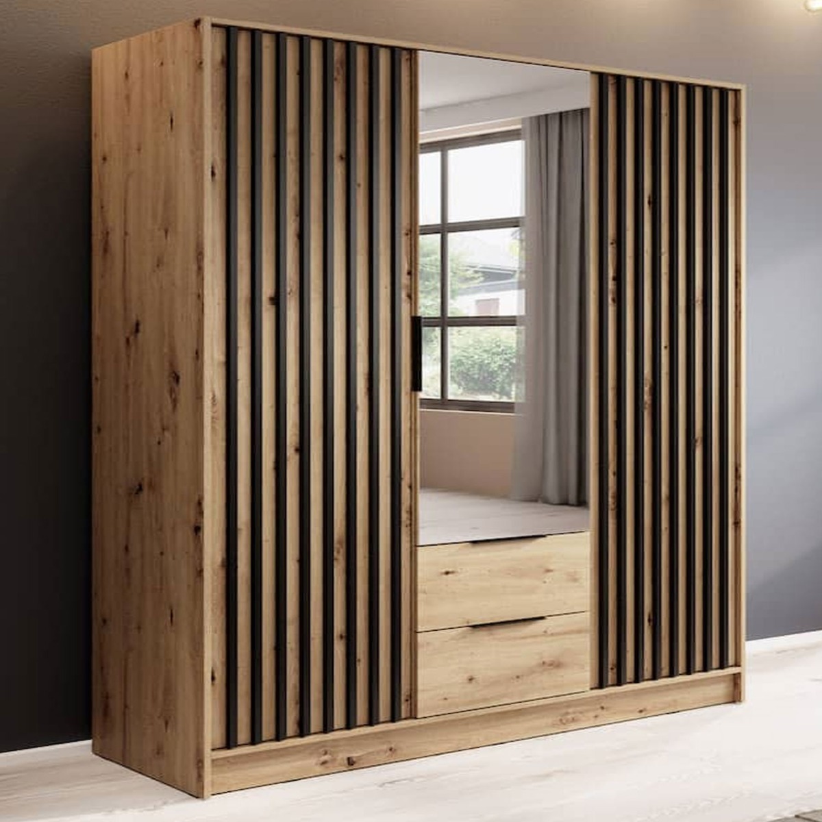 Wardrobe - ORION 3 Door Mirrored Wardrobe Oak 155cm - Art Nest