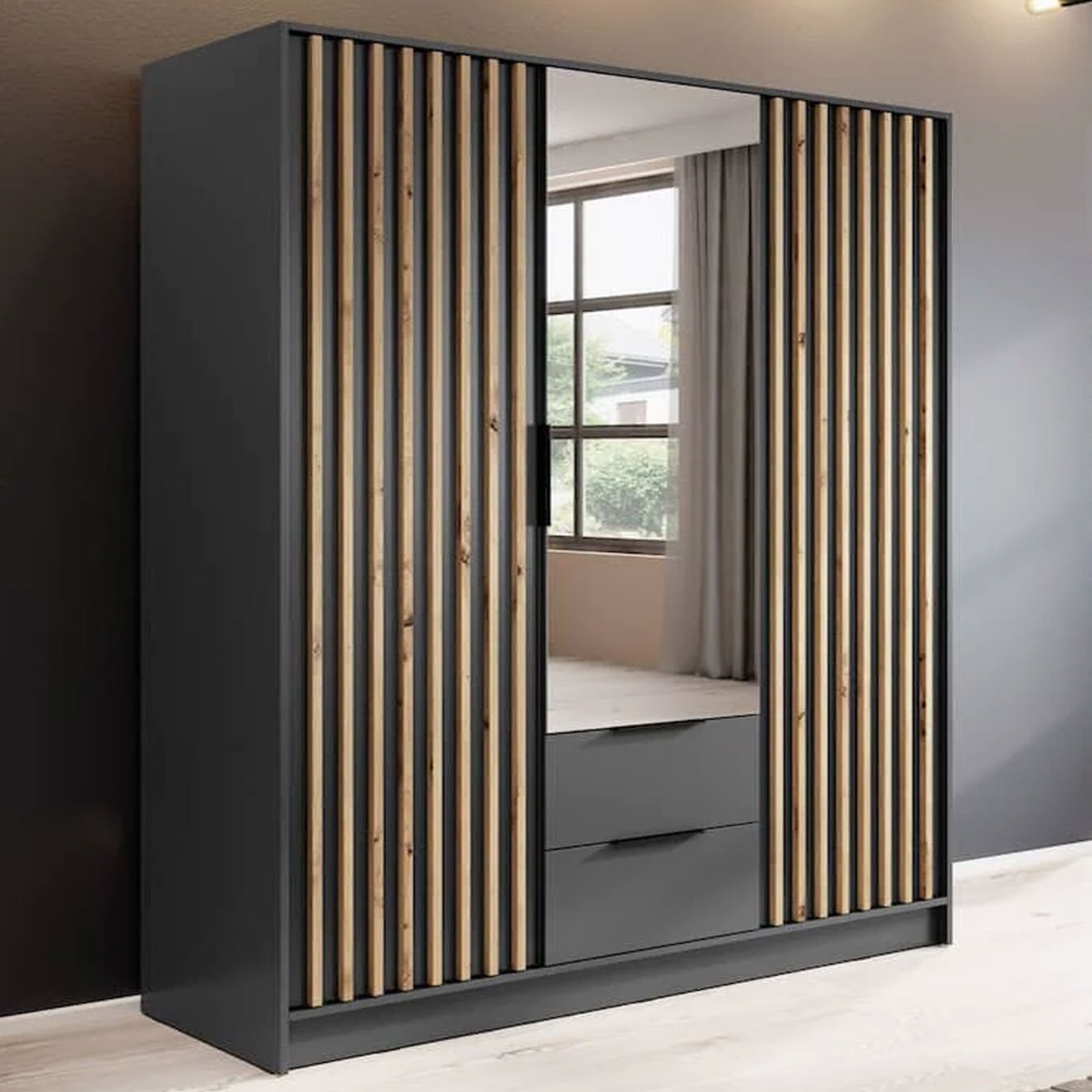 Wardrobe - ORION 3 Door Mirrored Wardrobe Graphite 155cm - Art Nest