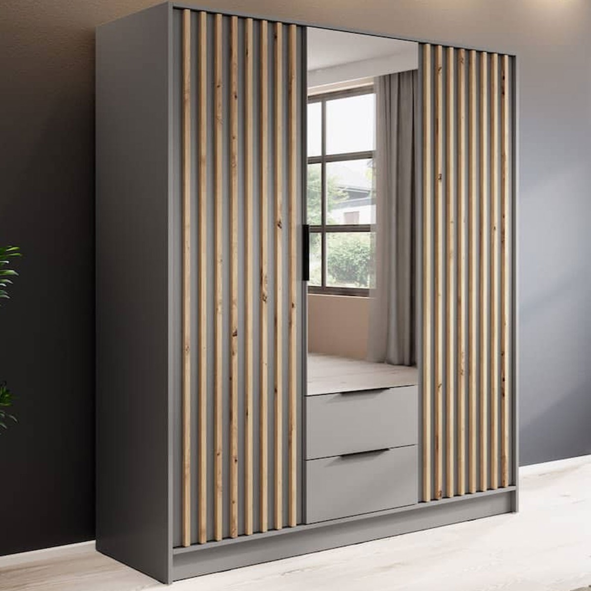 Wardrobe - ORION 3 Door Mirrored Wardrobe Grey 155cm - Art Nest