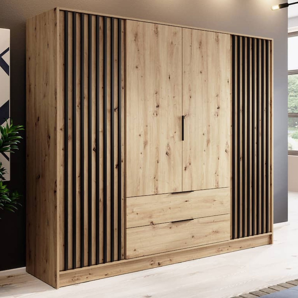 Wardrobe - ORION 4 Door 2 Drawer Wardrobe Oak 206cm - Art Nest