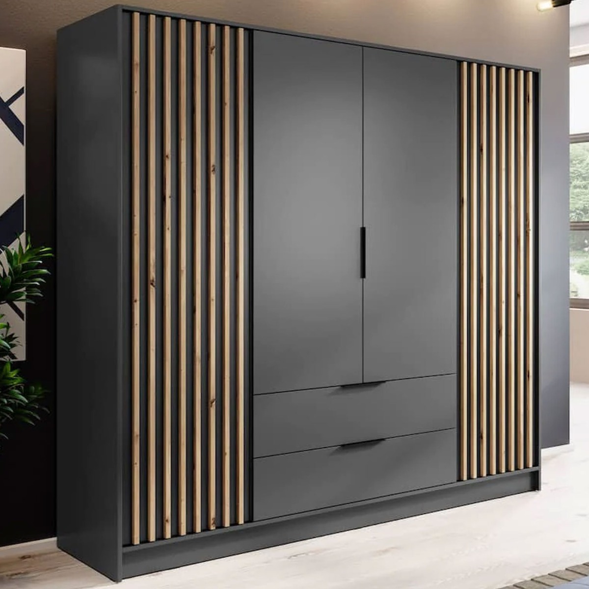 Wardrobe - ORION 4 Door 2 Drawer Wardrobe Graphite 206cm - Art Nest