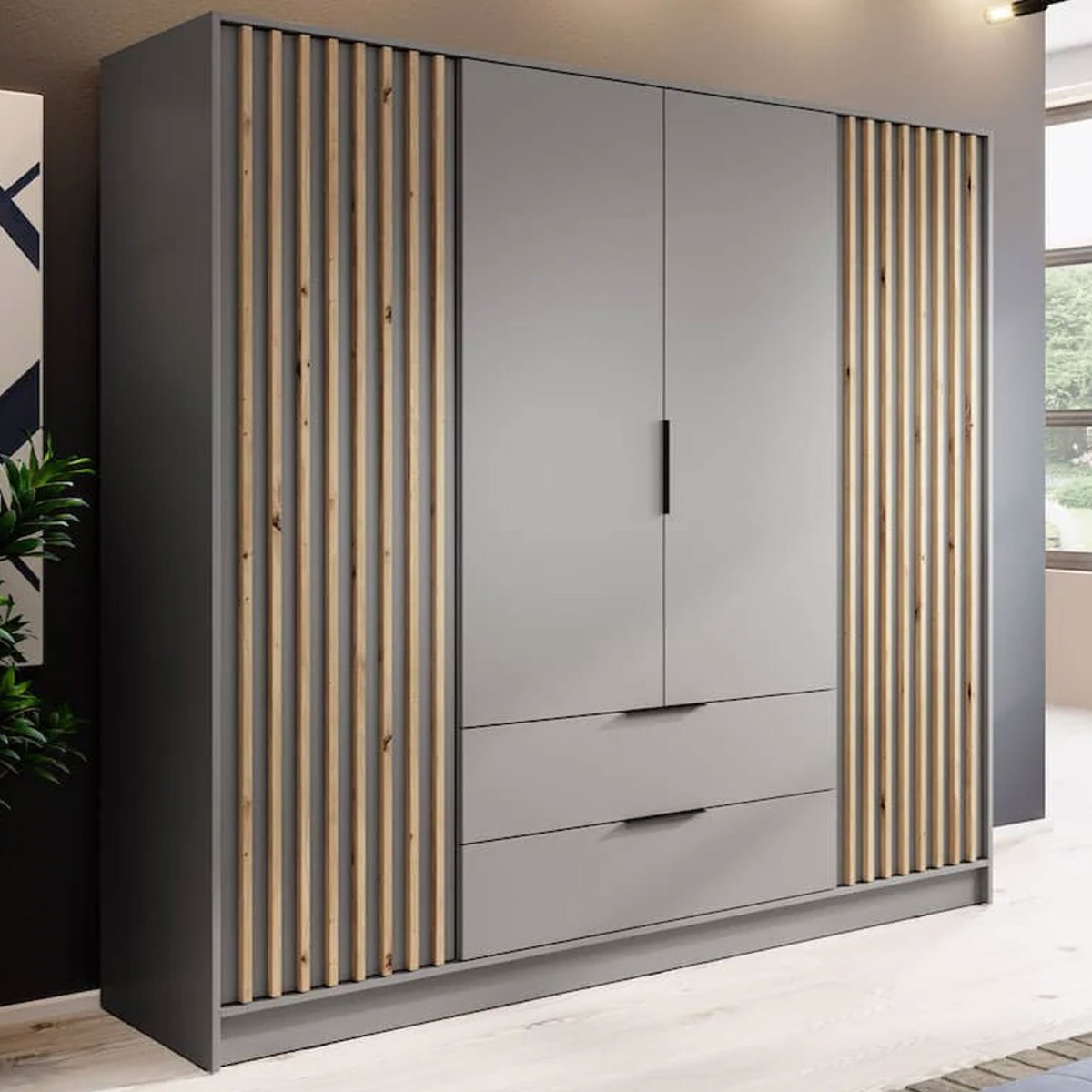 Wardrobe - ORION 4 Door 2 Drawer Wardrobe Grey 206cm - Art Nest