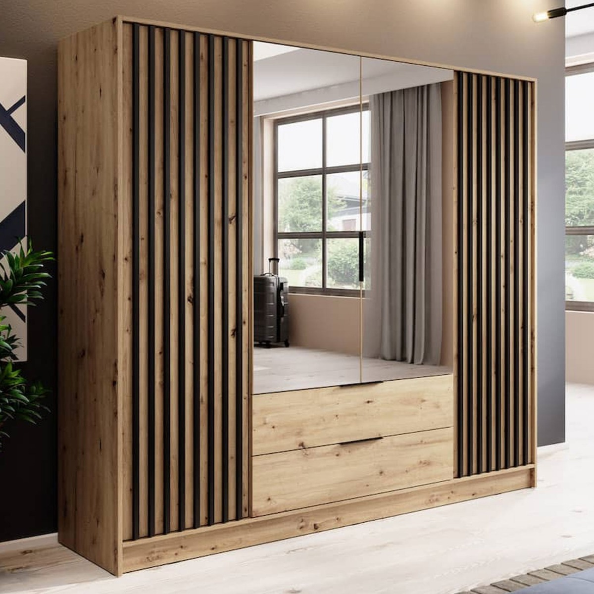 Wardrobe - ORION 4 Door Mirrored Wardrobe Oak 206cm - Art Nest