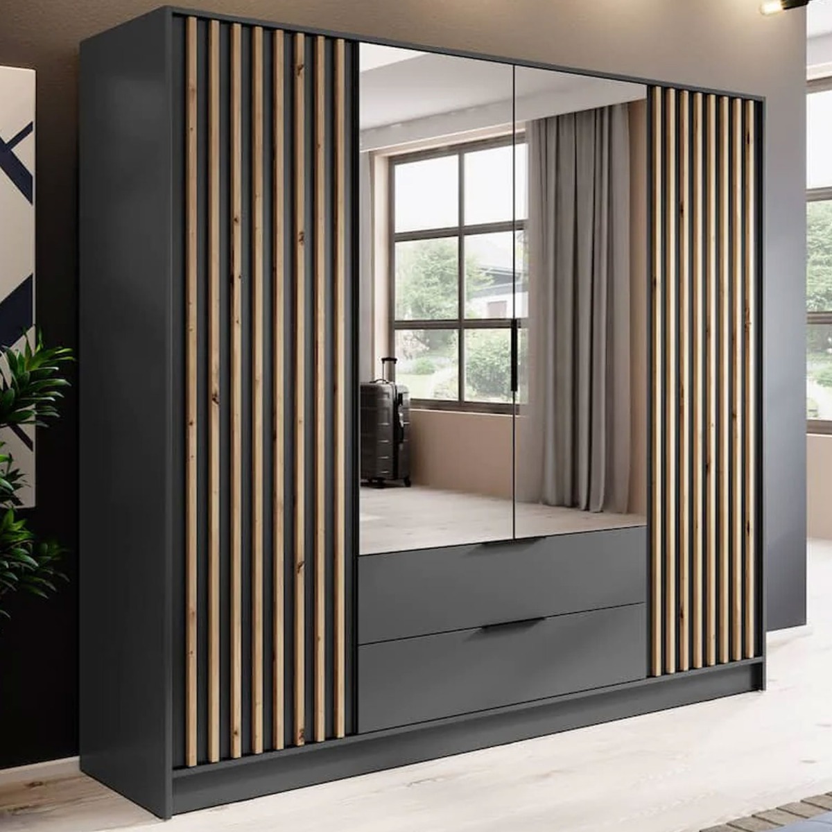 Wardrobe - ORION 4 Door Mirrored Wardrobe Graphite 206cm - Art Nest