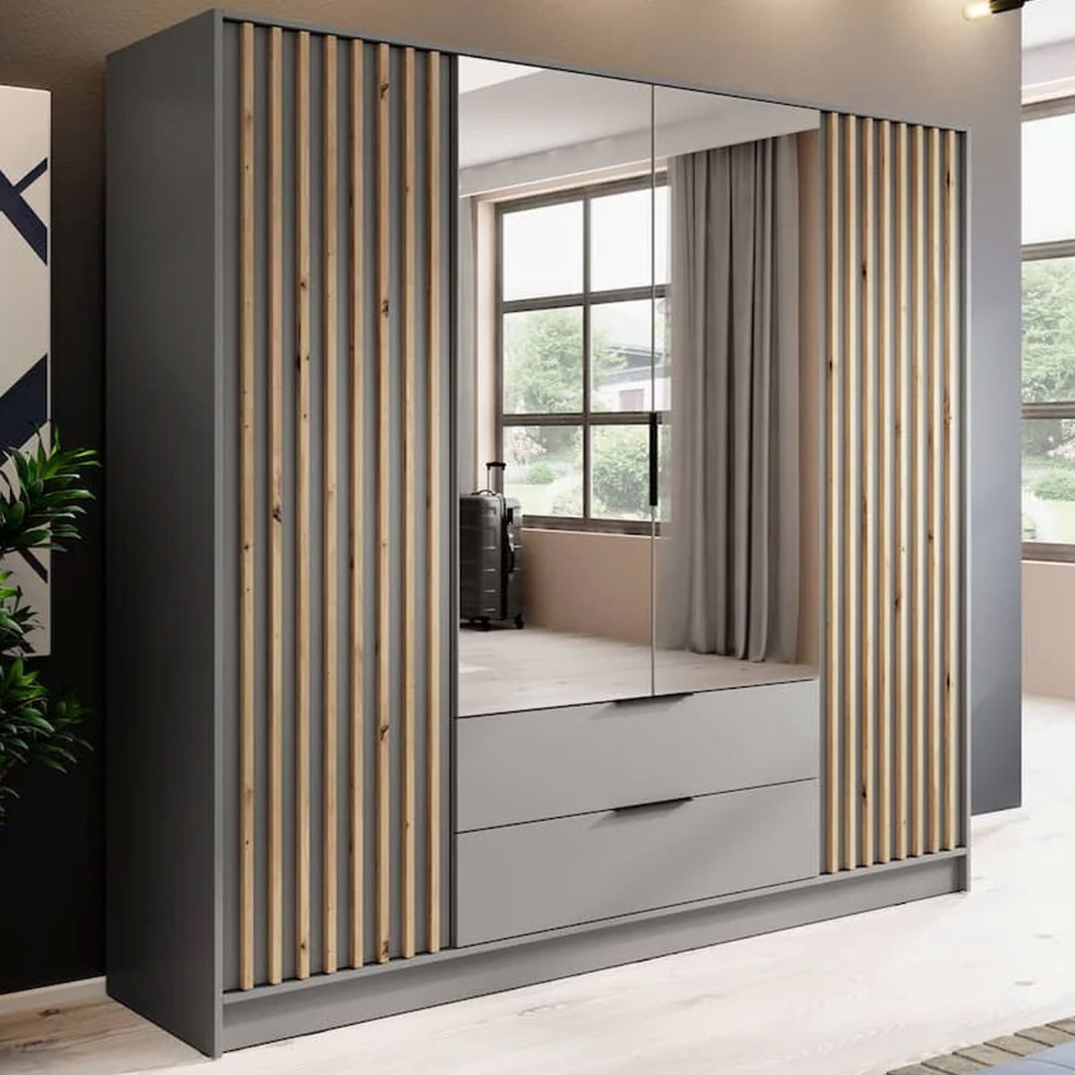Wardrobe - ORION 4 Door Mirrored Wardrobe Grey 206cm - Art Nest
