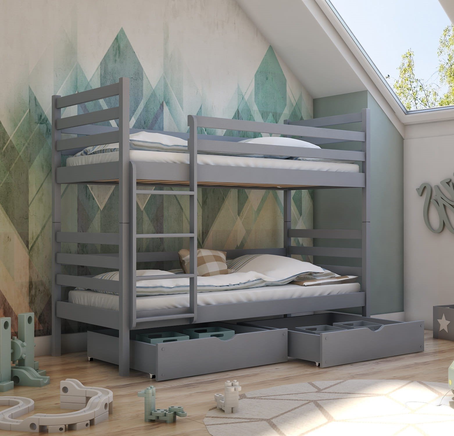 Naomi Wooden Bunk Bed with 2 Drawers Storage - Grey - Art Nest