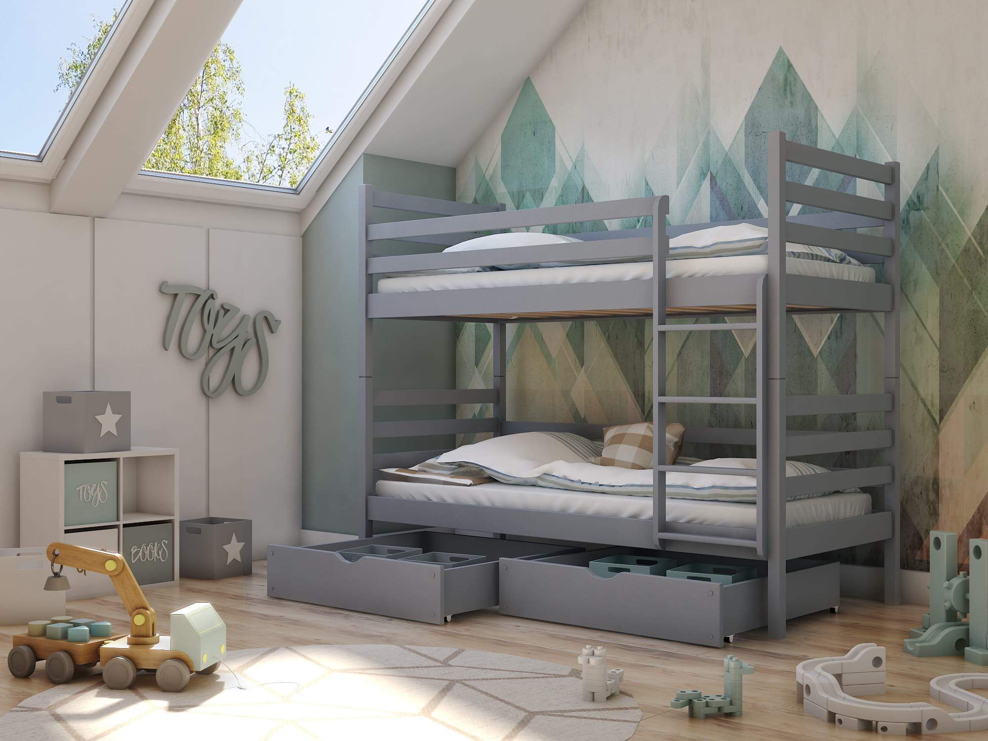 Naomi Wooden Bunk Bed with 2 Drawers Storage and Foam Mattress - Grey - Art Nest