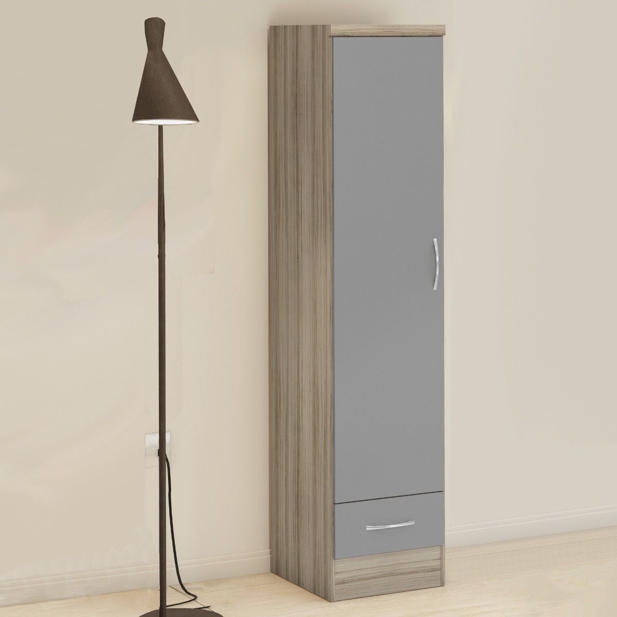 Wardrobe - NEWBIGGIN 1 Door Wardrobe Grey Gloss with Light Oak 40cm - Budget Deals