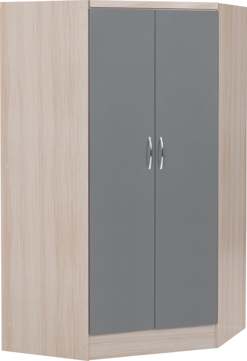 Corner Wardrobe - NEWBIGGIN 2 Door Wardrobe Grey Gloss with Light Oak 143cm - Budget Deals