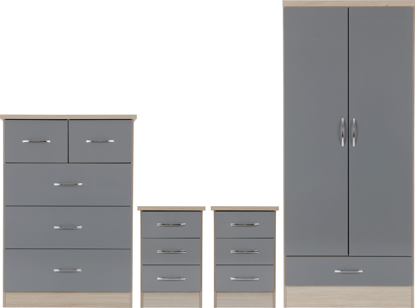 Wardrobe Set - NEWBIGGIN 2 Door Bedroom Set Grey Gloss Light Oak Effect Veneer 78cm - Budget Deals