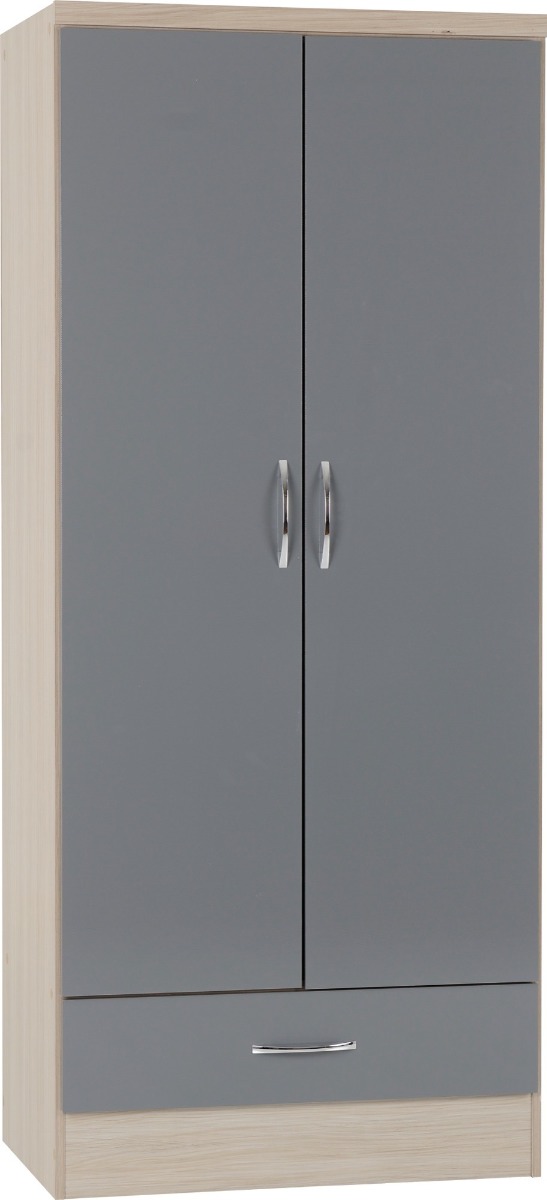 Wardrobe - NEWBIGGIN 2 Door 1 Drawer Wardrobe Grey Gloss with Light Oak 78cm - Budget Deals