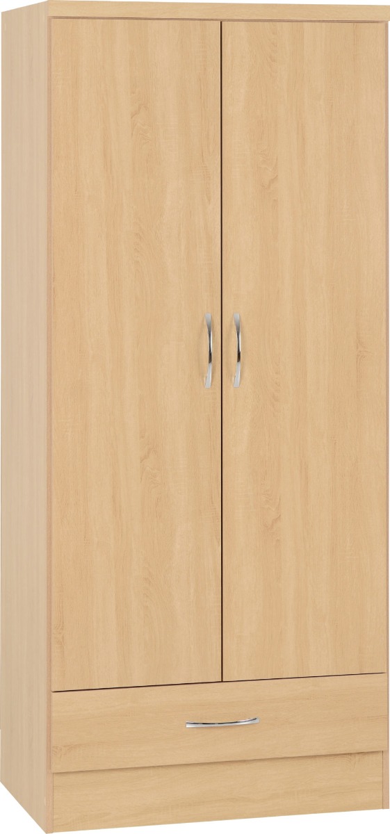 NEWBIGGIN 2 Door Wardrobe with 1 Drawer Medium Oak - 78cm - Budget Deals
