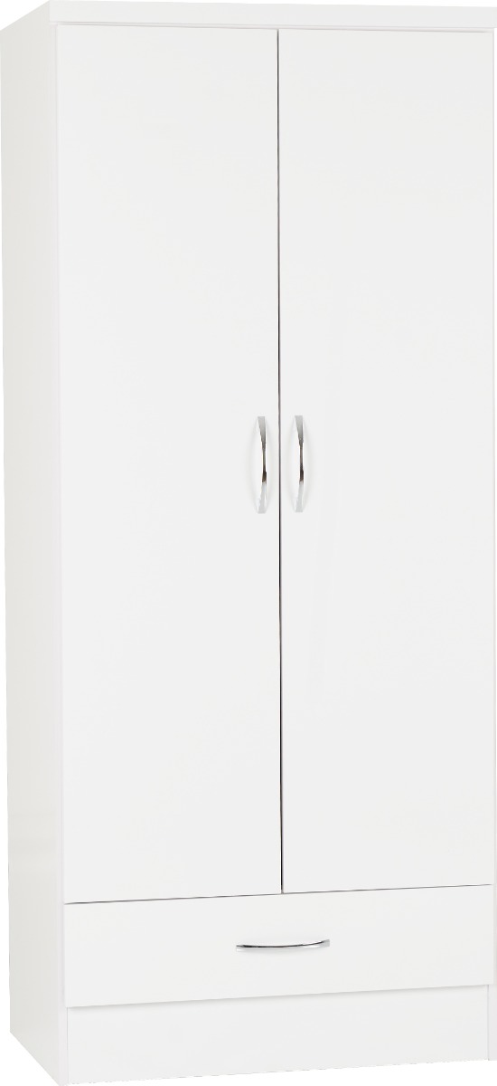 Wardrobe - NEWBIGGIN 2 Door 1 Drawer Wardrobe White Gloss 78cm - Budget Deals