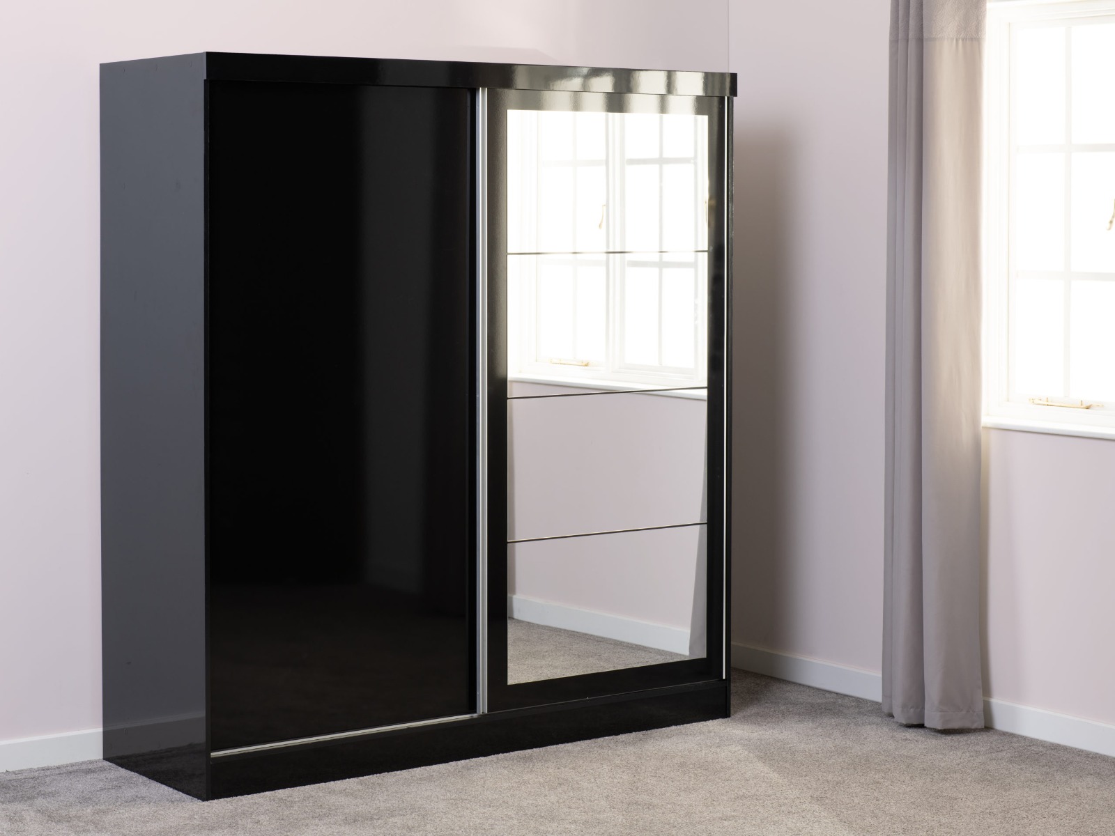 Sliding Wardrobe - NEWBIGGIN 2 Door Mirrored Wardrobe Black 178.5cm - Budget Deals