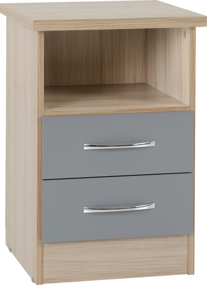 Nevada 2 Drawer Bedside - Grey Gloss Light Oak Effect Veneer - Budget Deals