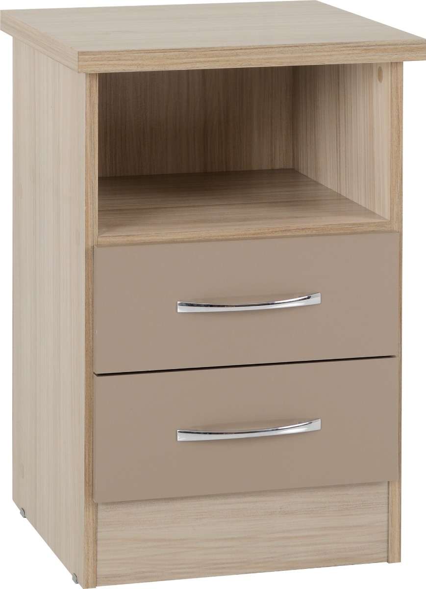 Nevada 2 Drawer Bedside - Oyster Gloss Light Oak Effect Veneer - Budget Deals