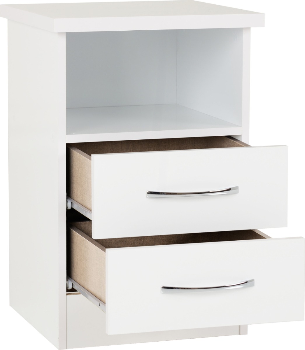 Nevada 2 Drawer Bedside - White Gloss - Budget Deals