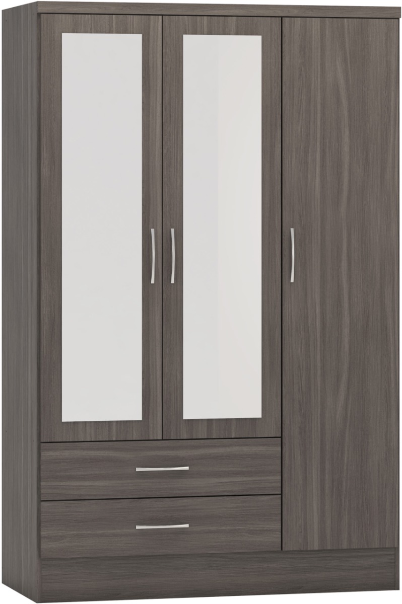 Wardrobe - NEWBIGGIN 3 Door Mirrored Wardrobe Black Wood Grain 116cm - Budget Deals