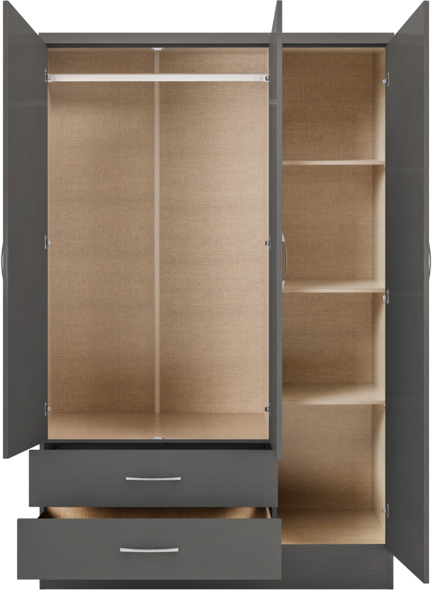 NEWBIGGIN 3 Door Mirrored Wardrobe with 2 Drawers Grey - 116cm - Budget Deals