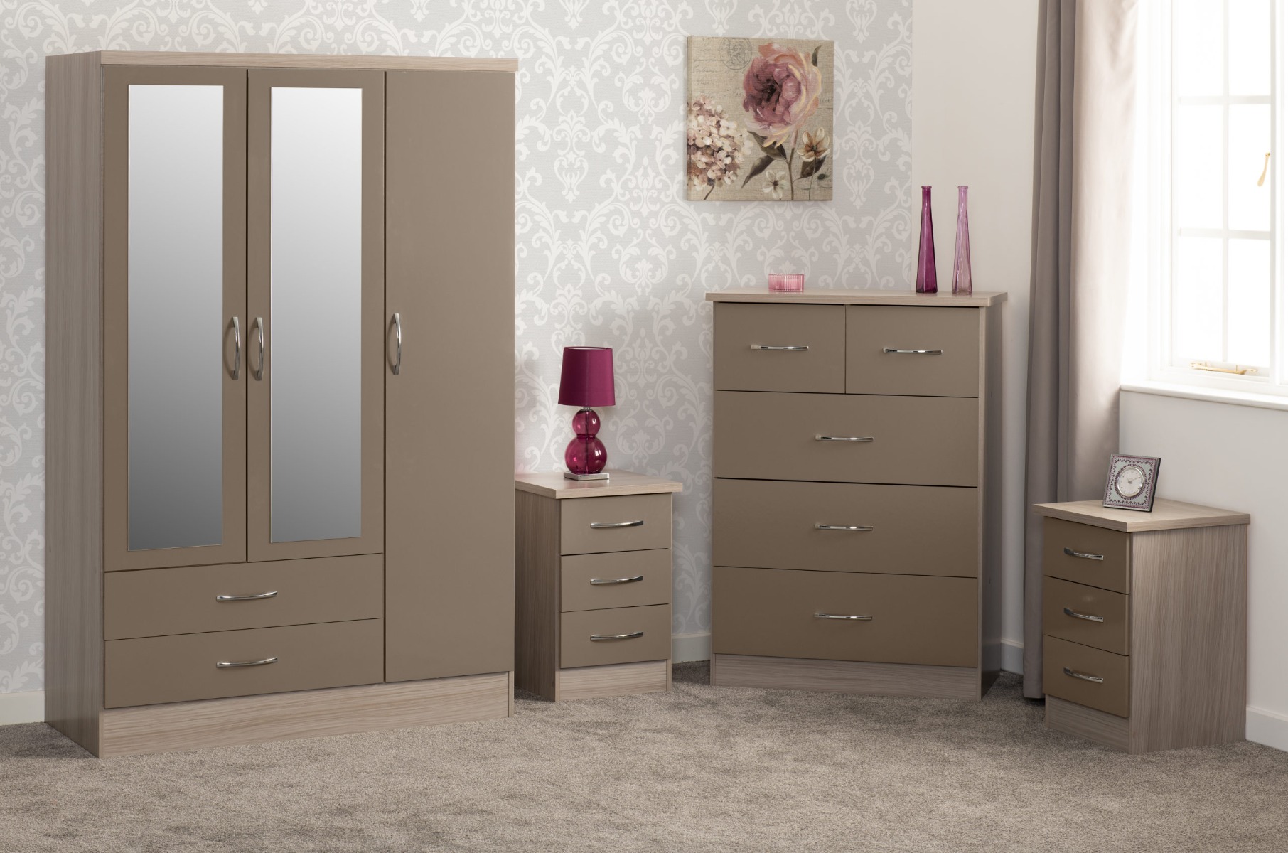 Wardrobe Set - NEWBIGGIN 3 Door Bedroom Set Oyster Gloss Light Oak Effect Veneer 116cm - Budget Deals