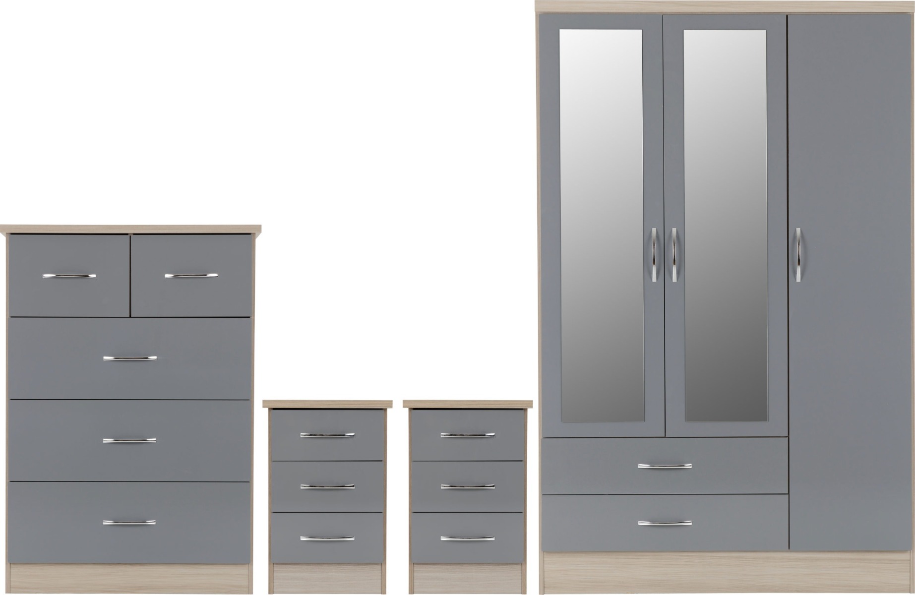 Wardrobe Set - NEWBIGGIN 3 Door Bedroom Set Grey Gloss Light Oak Effect Veneer 116cm - Budget Deals