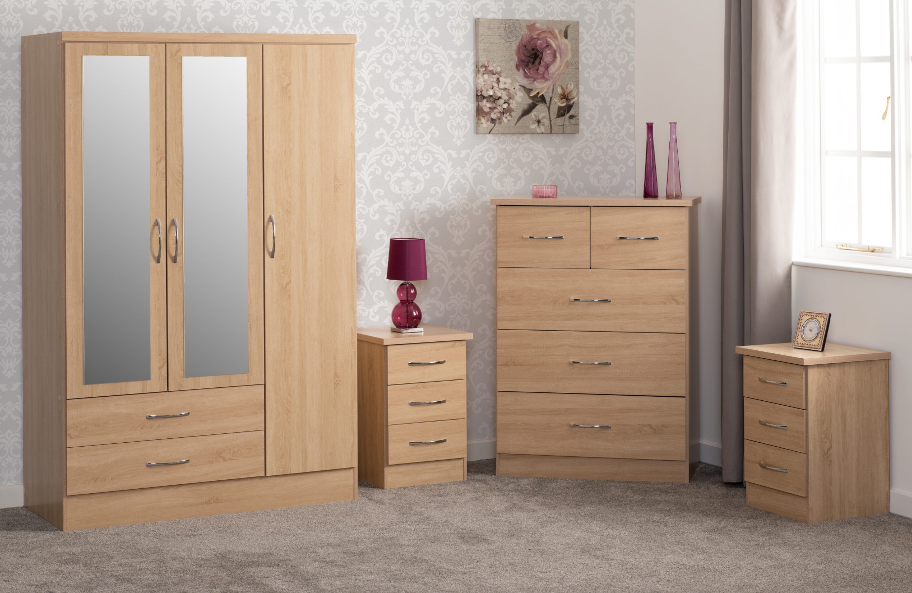 Wardrobe Set - NEWBIGGIN 3 Door Bedroom Set Sonoma Oak Effect 116cm - Budget Deals
