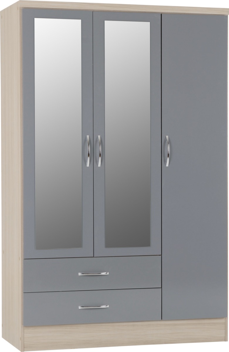 Wardrobe - NEWBIGGIN 3 Door Mirrored Wardrobe Grey Gloss with Light Oak 116cm - Budget Deals