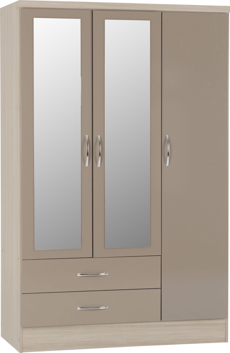 Wardrobe - NEWBIGGIN 3 Door Mirrored Wardrobe Oyster Gloss with Light Oak 116cm - Budget Deals