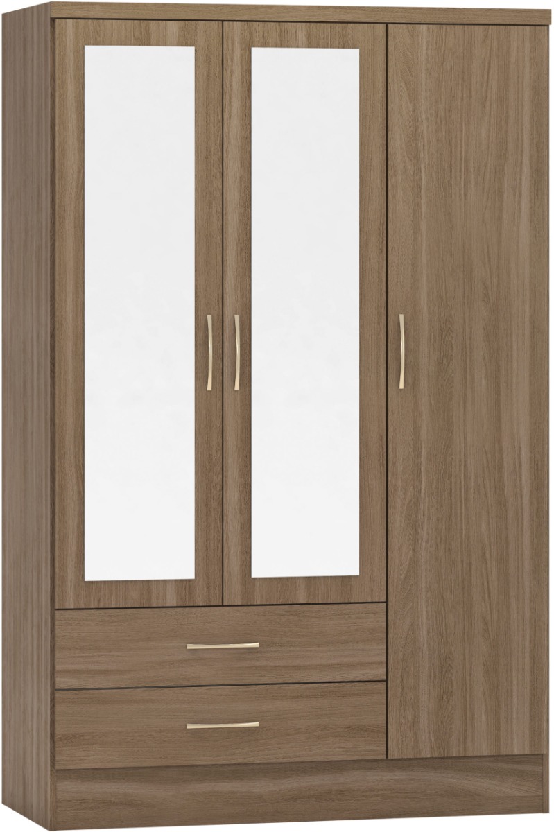 Wardrobe - NEWBIGGIN 3 Door Mirrored Wardrobe Rustic Oak Effect 116cm - Budget Deals