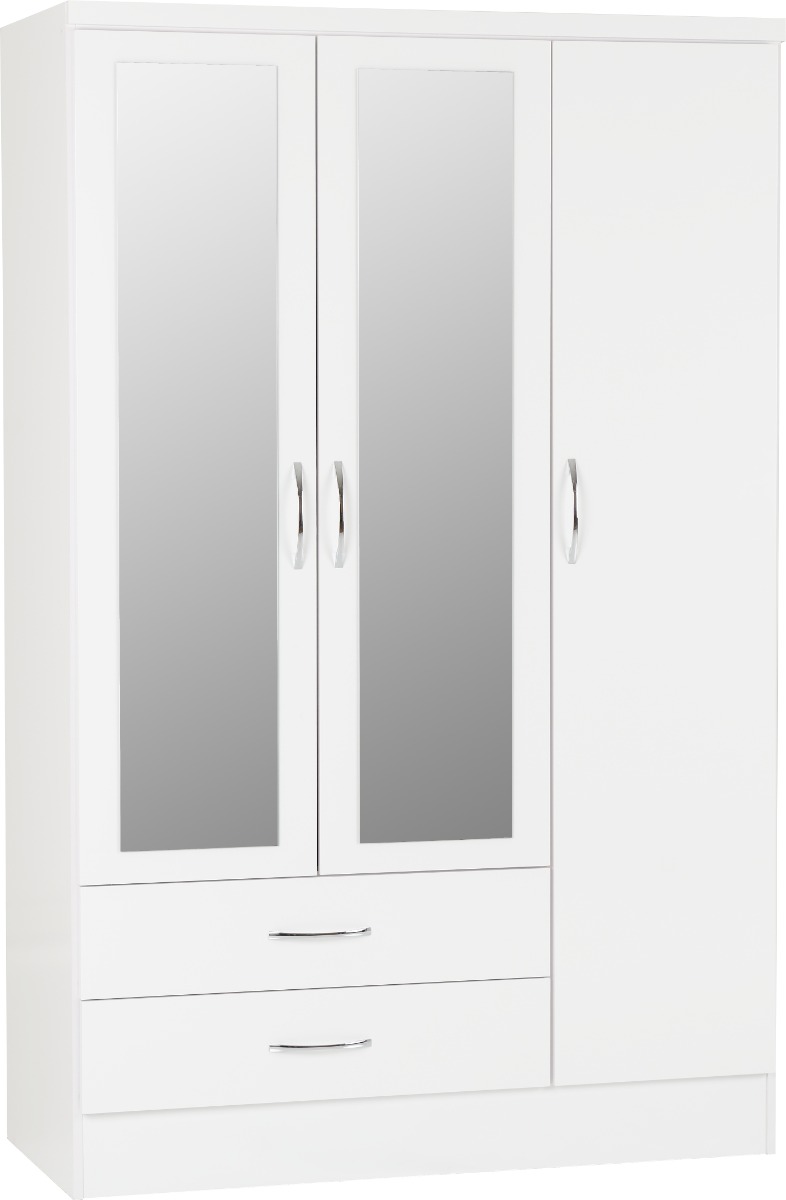 Wardrobe - NEWBIGGIN 3 Door Mirrored Wardrobe White Gloss 116cm - Budget Deals