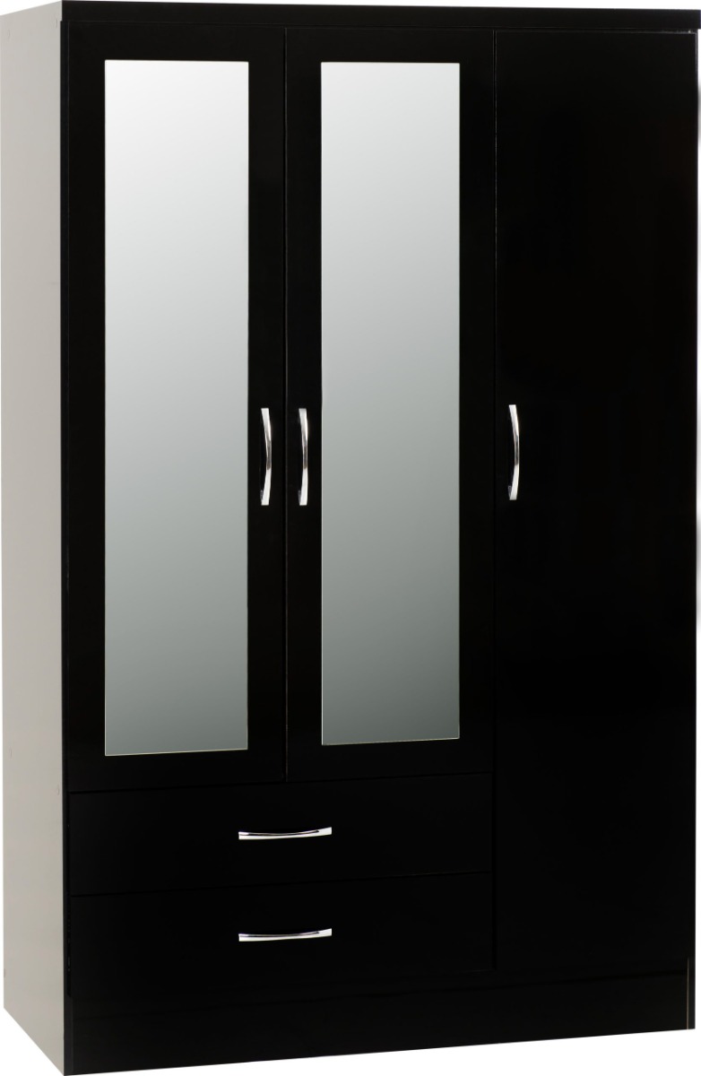 Wardrobe - NEWBIGGIN 3 Door Mirrored Wardrobe Black Gloss 116cm - Budget Deals