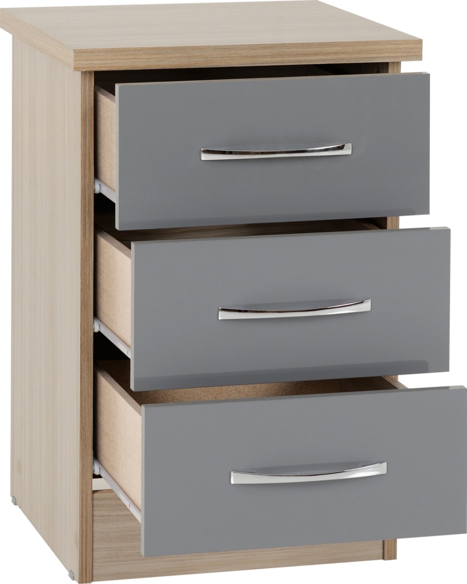 Nevada 3 Drawer Bedside - Grey Gloss Light Oak Effect Veneer - Budget Deals