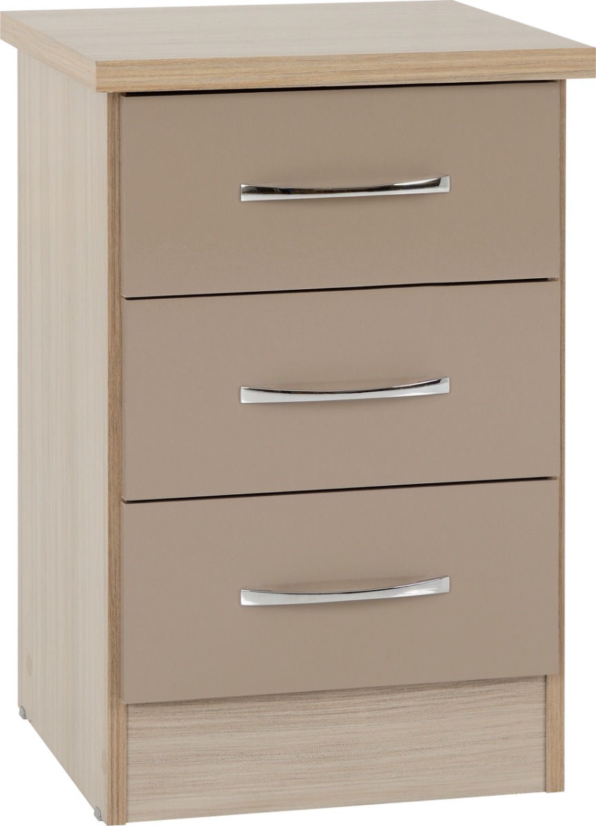 Nevada 3 Drawer Bedside - Oyster Gloss Light Oak Effect Veneer - Budget Deals
