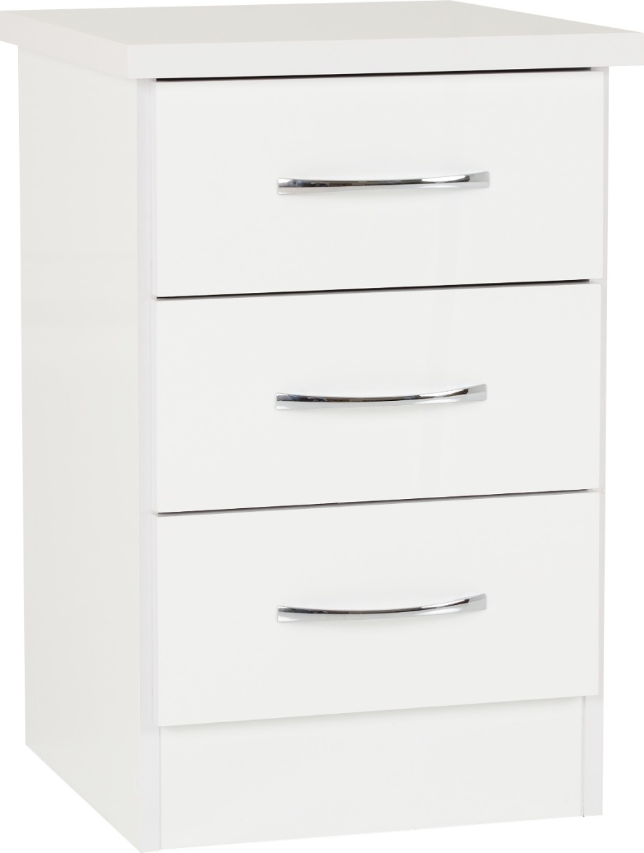 Nevada 3 Drawer Bedside - White Gloss - Budget Deals