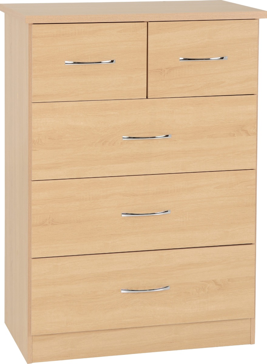NEWBIGGIN V Oak Finish Chest of Drawers - Medium-sized, 5 Drawers - Budget Deals