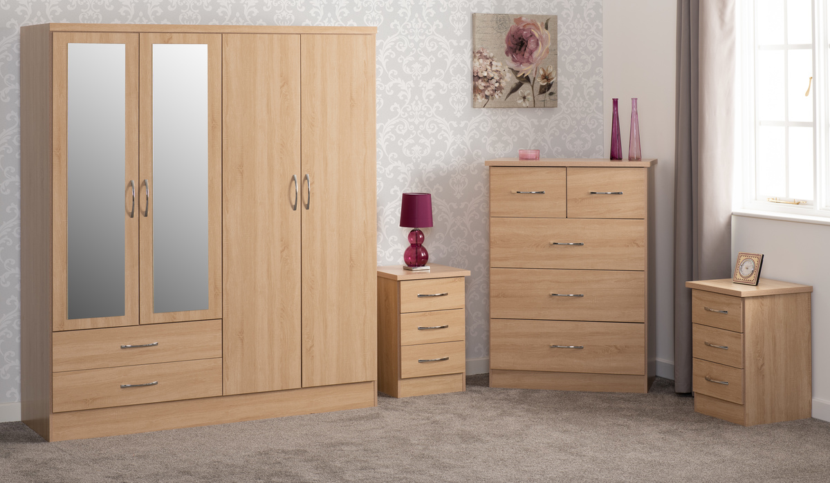 Wardrobe Set - NEWBIGGIN 4 Door Bedroom Set Sonoma Oak Effect 154cm - Budget Deals