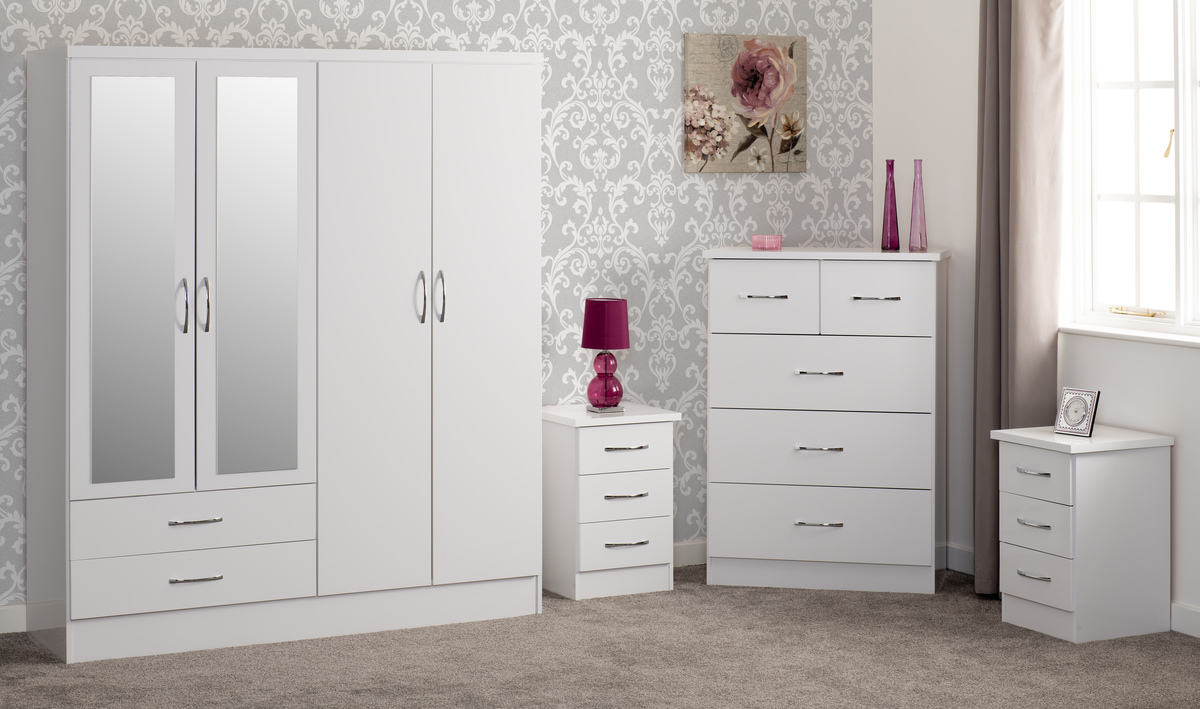 Wardrobe Set - NEWBIGGIN 4 Door Bedroom Set White Gloss 154cm - Budget Deals
