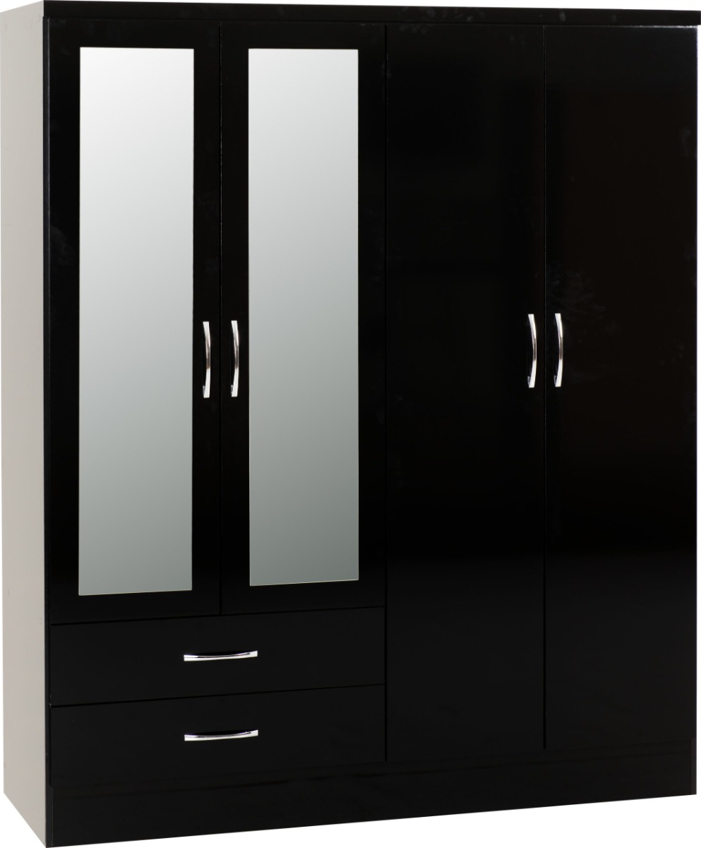 Wardrobe - NEWBIGGIN 4 Door Mirrored Wardrobe Black Gloss 154cm - Budget Deals