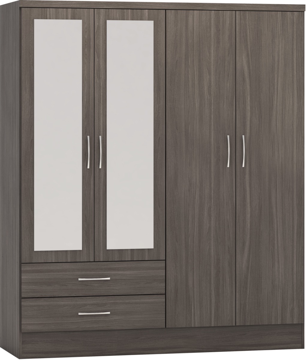 Wardrobe - NEWBIGGIN 4 Door Mirrored Wardrobe Black Wood Grain 154cm - Budget Deals