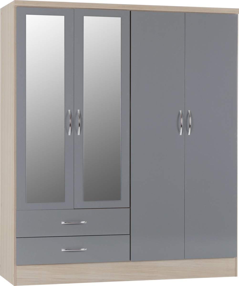 Wardrobe - NEWBIGGIN 4 Door Mirrored Wardrobe Grey Gloss with Light Oak 154cm - Budget Deals