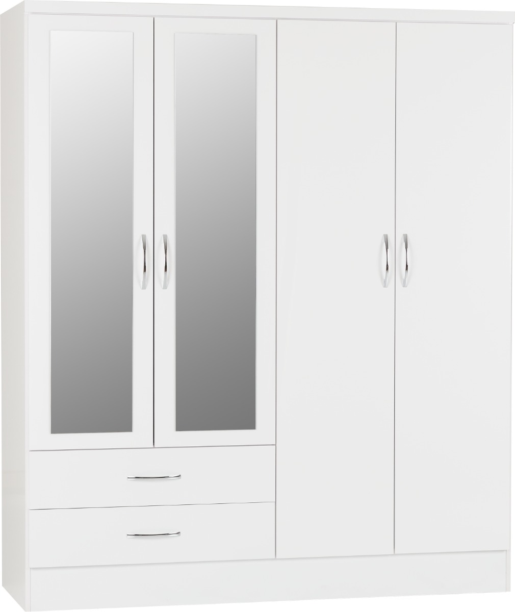 Wardrobe - NEWBIGGIN 4 Door Mirrored Wardrobe White Gloss 154cm - Budget Deals