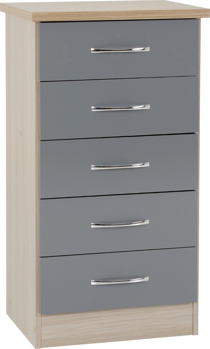 NEWBIGGIN VI Grey Chest of Drawers - Tallboy, Small-sized, 5 Drawers - Budget Deals
