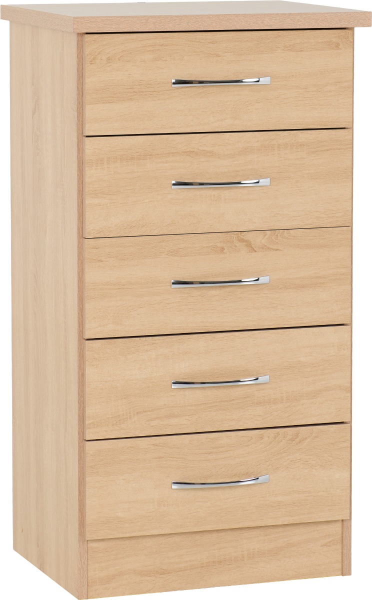 NEWBIGGIN VII Oak Finish Chest of Drawers - Tallboy, Small-sized, 5 Drawers - Budget Deals
