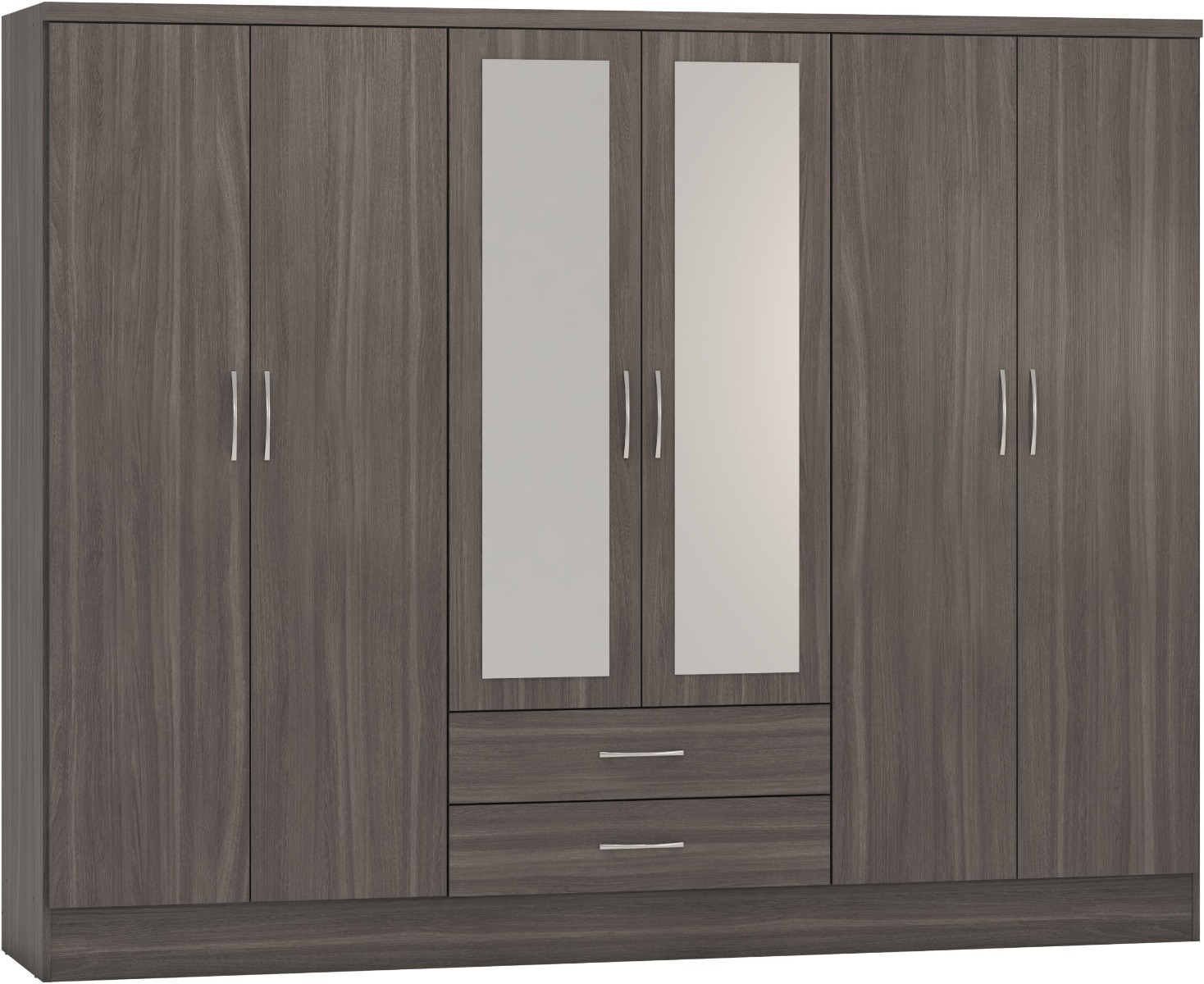 Wardrobe - NEWBIGGIN 6 Door Mirrored Wardrobe Black Wood Grain 230cm - Budget Deals